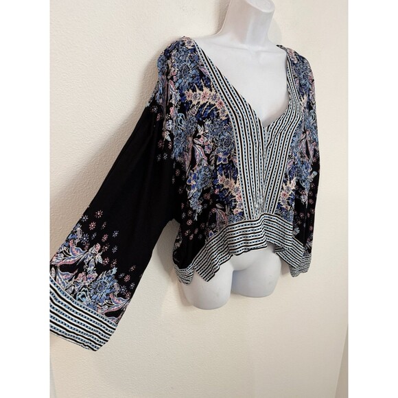 FREE PEOPLE Blouse Mix N Match Kimono Sleeve Floral Boho Top Oversized L V Neck - Picture 2 of 7